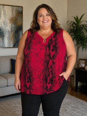 Penningtons Red Snake Print Batwing Top 4X Plus Size Statement Blouse Stretchy